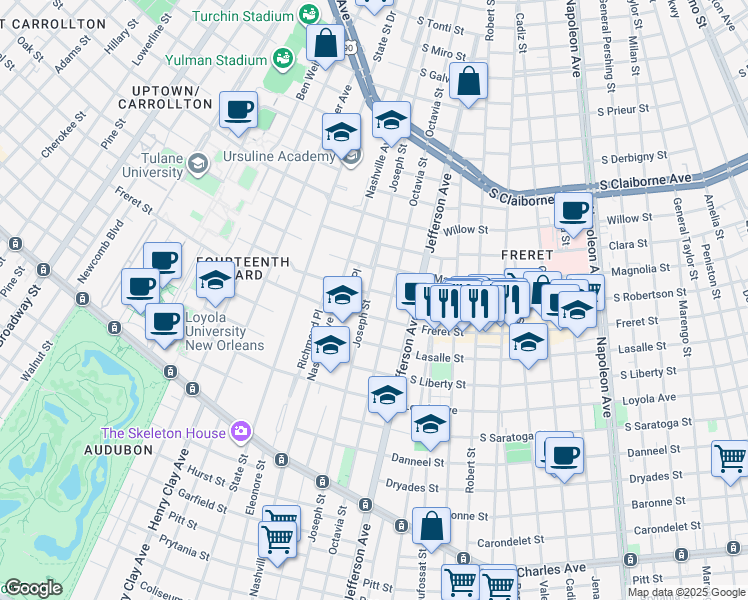 map of restaurants, bars, coffee shops, grocery stores, and more near 2300 Octavia Street in New Orleans