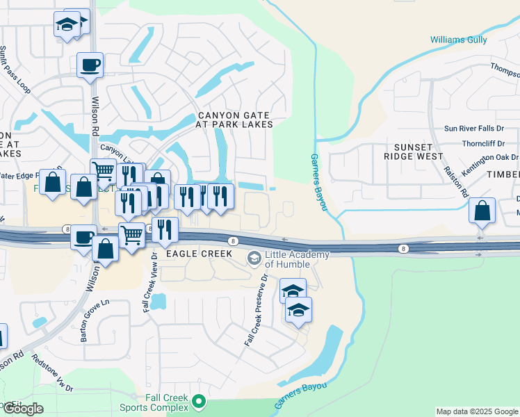 map of restaurants, bars, coffee shops, grocery stores, and more near 9825 North Sam Houston Parkway East in Humble