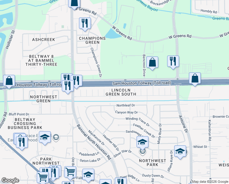 map of restaurants, bars, coffee shops, grocery stores, and more near 7115 Greenyard Drive in Houston