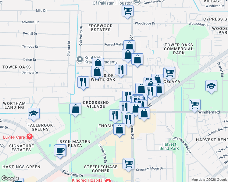 map of restaurants, bars, coffee shops, grocery stores, and more near 11119 Chelsea Oak Street in Houston