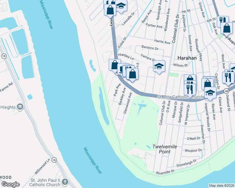 map of restaurants, bars, coffee shops, grocery stores, and more near 103 Park Avenue in Harahan