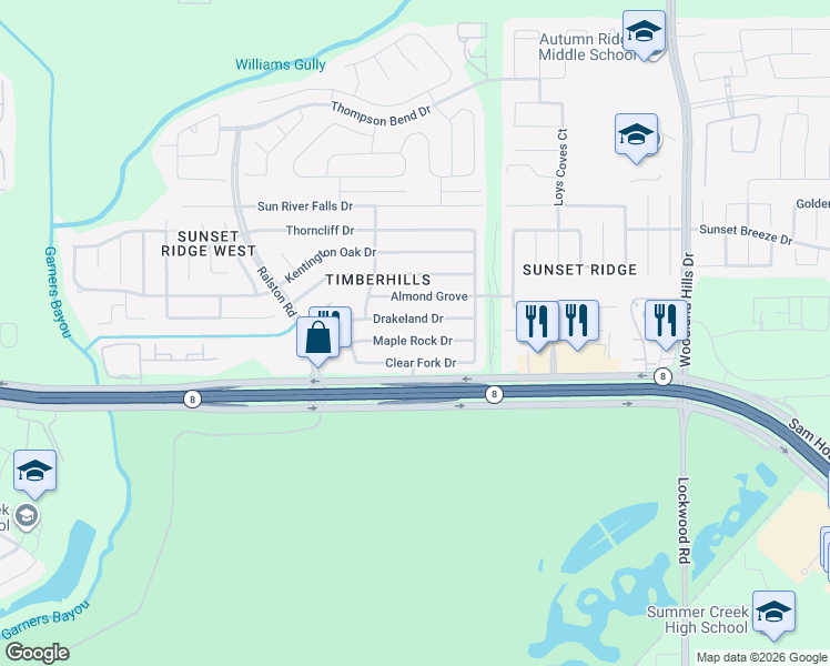 map of restaurants, bars, coffee shops, grocery stores, and more near 11003 Maple Rock Drive in Humble