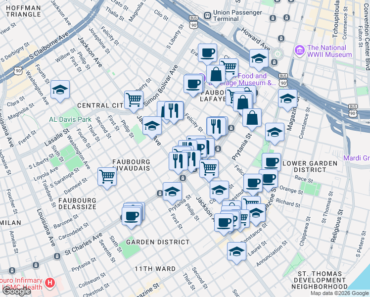 map of restaurants, bars, coffee shops, grocery stores, and more near 2127 Carondelet Street in New Orleans