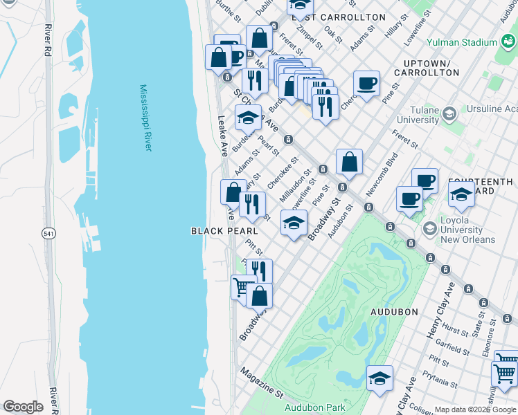 map of restaurants, bars, coffee shops, grocery stores, and more near 244 Millaudon Street in New Orleans