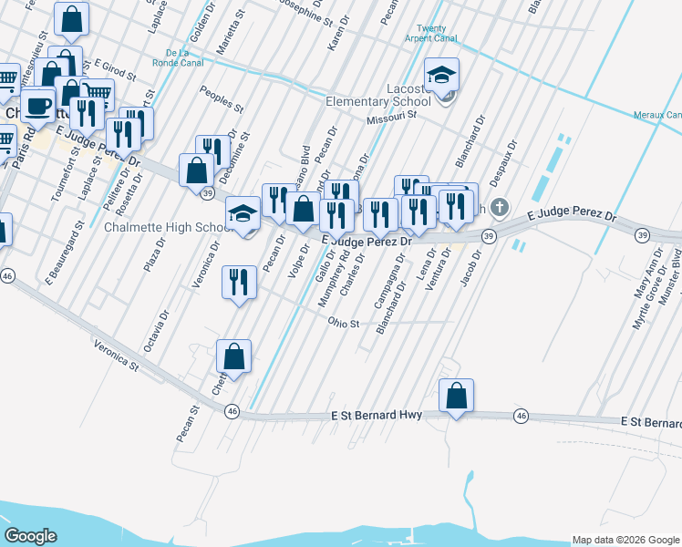 map of restaurants, bars, coffee shops, grocery stores, and more near 2437 Charles Drive in Chalmette