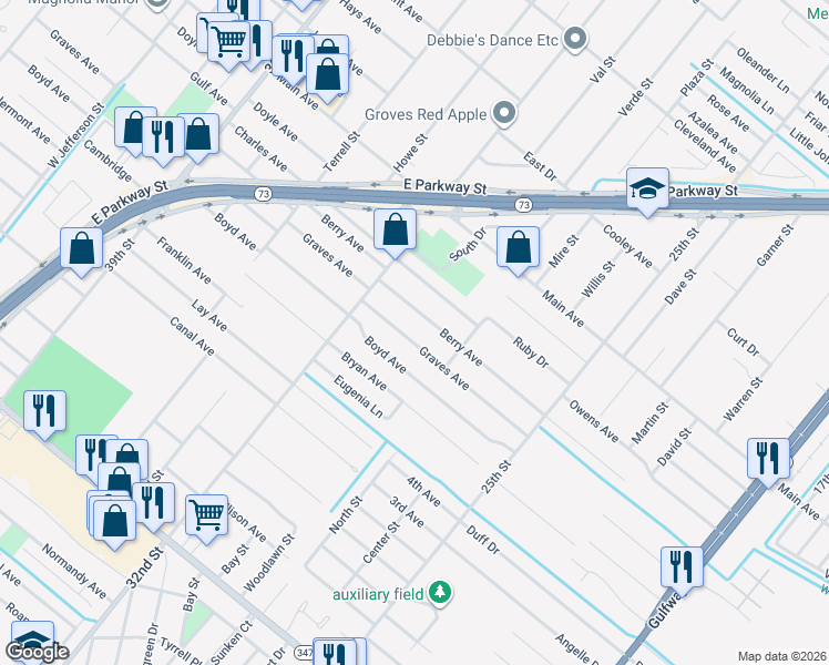 map of restaurants, bars, coffee shops, grocery stores, and more near 3145 Berry Avenue in Groves