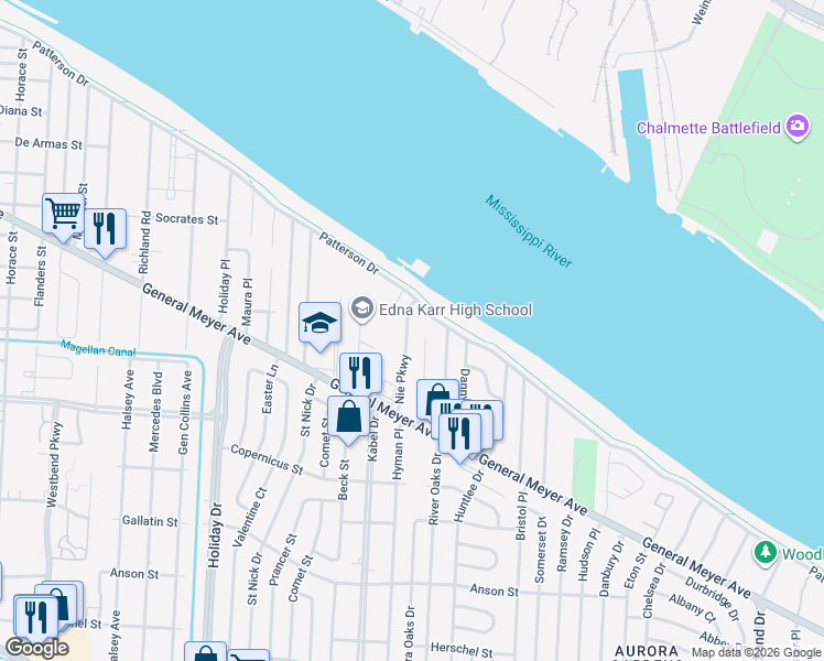 map of restaurants, bars, coffee shops, grocery stores, and more near 1600 Nie Parkway in New Orleans