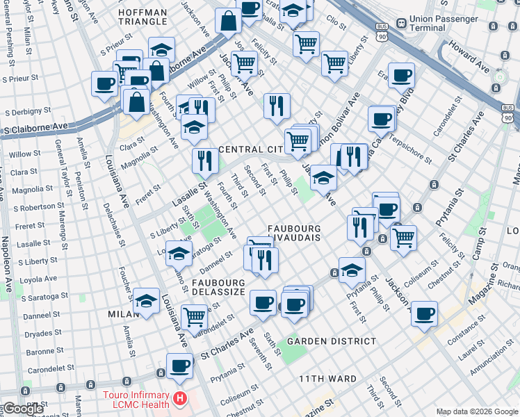 map of restaurants, bars, coffee shops, grocery stores, and more near 2154 Second Street in New Orleans