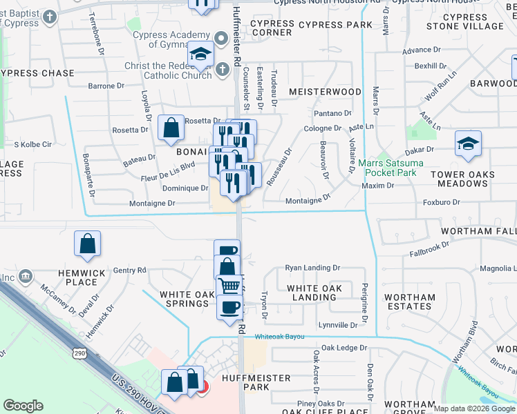 map of restaurants, bars, coffee shops, grocery stores, and more near 11200 Huffmeister Road in Houston