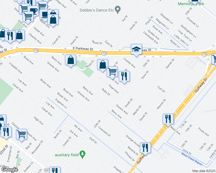 map of restaurants, bars, coffee shops, grocery stores, and more near 2825 Pearl Avenue in Groves