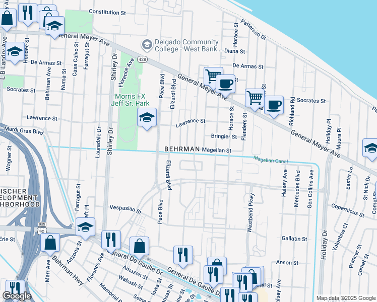 map of restaurants, bars, coffee shops, grocery stores, and more near 1669 Southlawn Boulevard in New Orleans