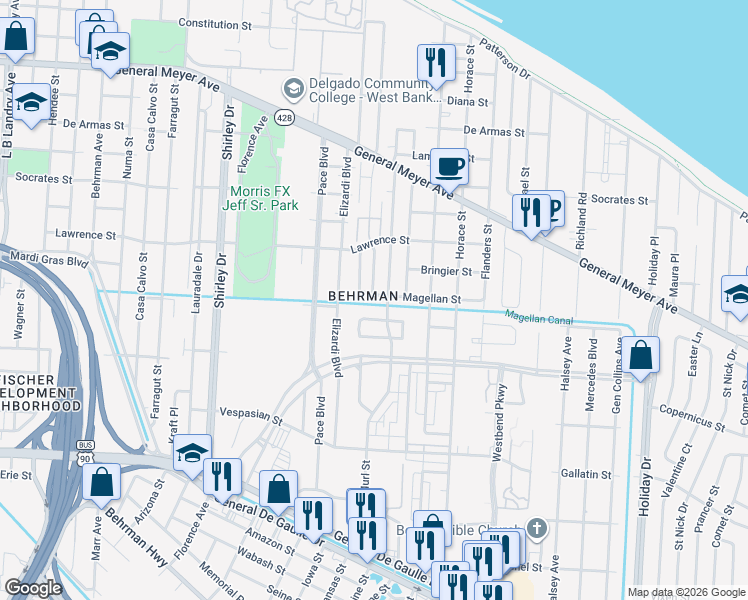 map of restaurants, bars, coffee shops, grocery stores, and more near 1669 Southlawn Boulevard in New Orleans