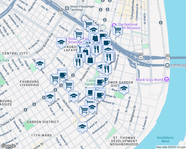 map of restaurants, bars, coffee shops, grocery stores, and more near in New Orleans