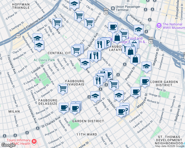 map of restaurants, bars, coffee shops, grocery stores, and more near 2124 Oretha Castle Haley Boulevard in New Orleans
