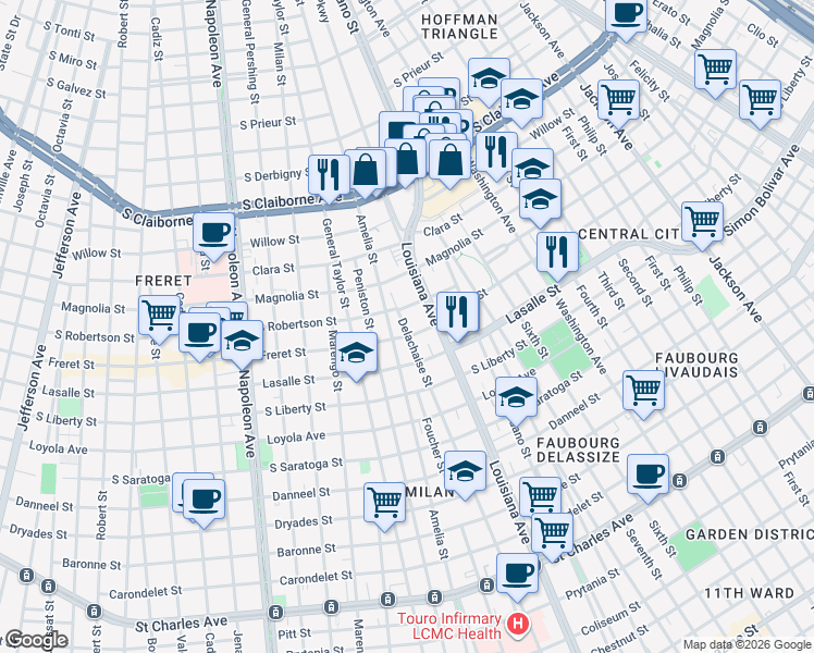 map of restaurants, bars, coffee shops, grocery stores, and more near 2534 Louisiana Avenue in New Orleans
