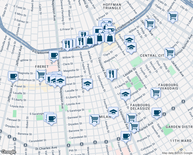 map of restaurants, bars, coffee shops, grocery stores, and more near 2608 Amelia Street in New Orleans