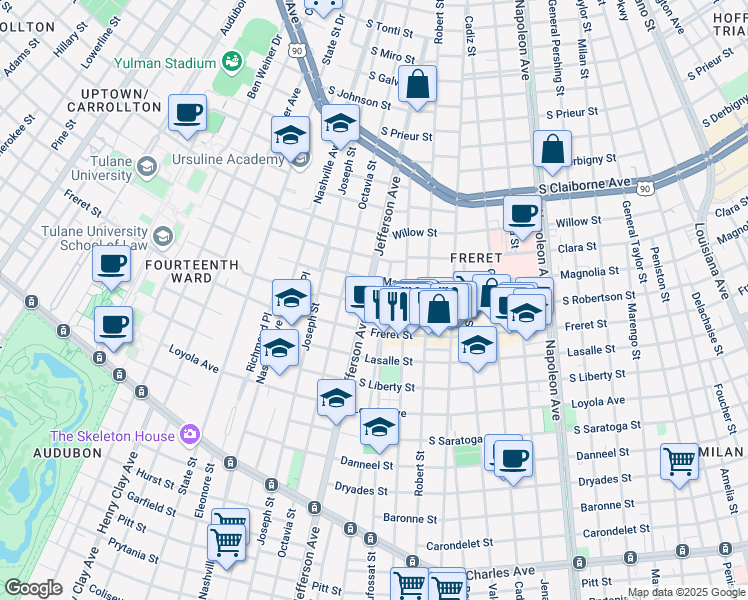 map of restaurants, bars, coffee shops, grocery stores, and more near 2436 Jefferson Avenue in New Orleans