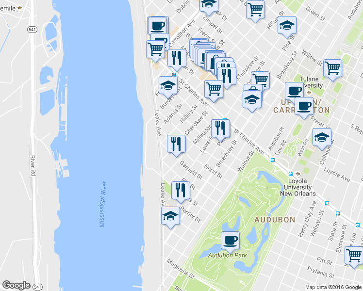 map of restaurants, bars, coffee shops, grocery stores, and more near 7522 Benjamin Street in New Orleans