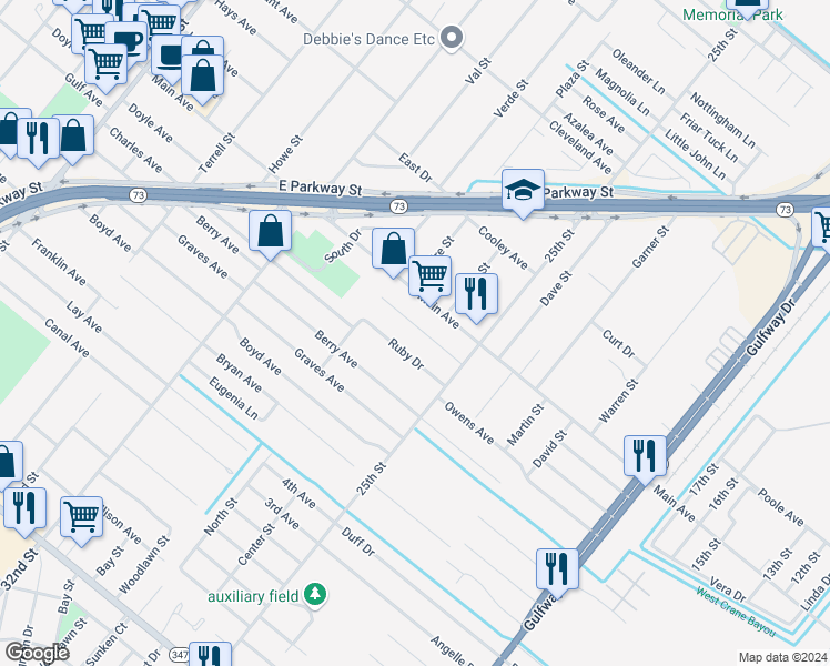 map of restaurants, bars, coffee shops, grocery stores, and more near 2831 Main Avenue in Groves