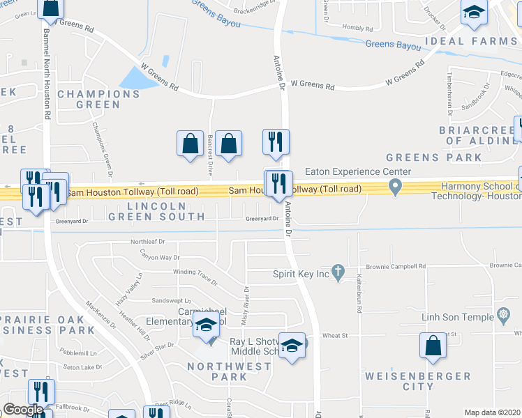 map of restaurants, bars, coffee shops, grocery stores, and more near 11022 Tridens Court in Houston