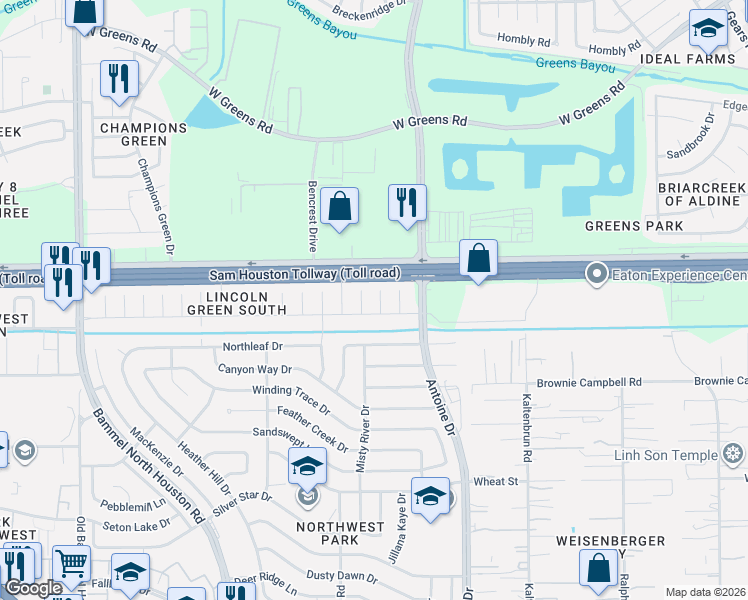map of restaurants, bars, coffee shops, grocery stores, and more near 11022 Tridens Court in Houston