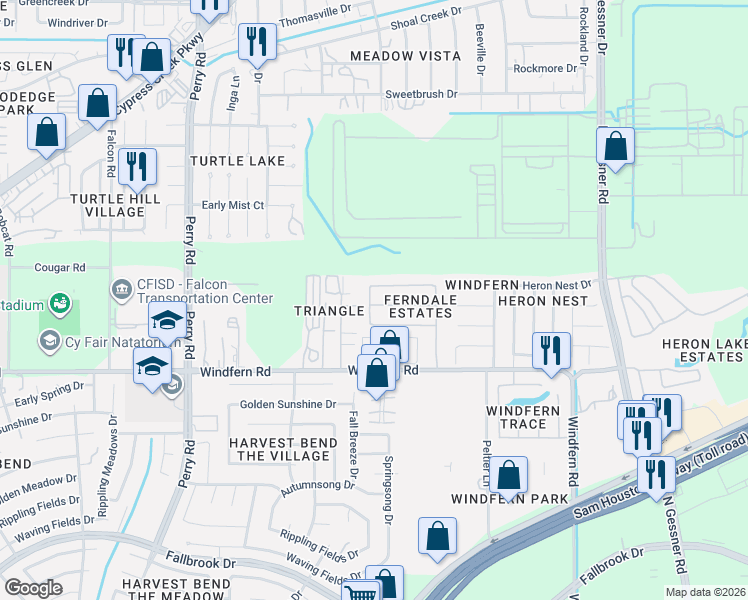 map of restaurants, bars, coffee shops, grocery stores, and more near 9118 North Ferndale Place Drive in Houston