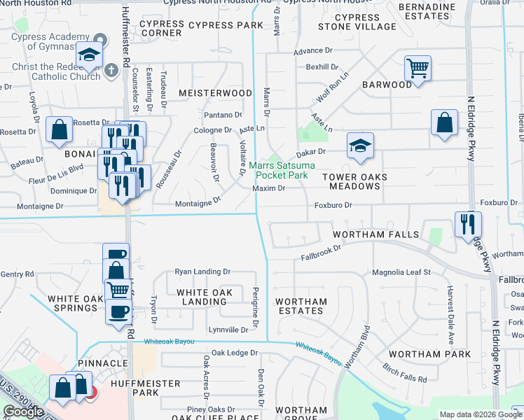 map of restaurants, bars, coffee shops, grocery stores, and more near 13119 Maxim Drive in Houston