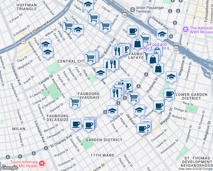 map of restaurants, bars, coffee shops, grocery stores, and more near Jackson Avenue in New Orleans