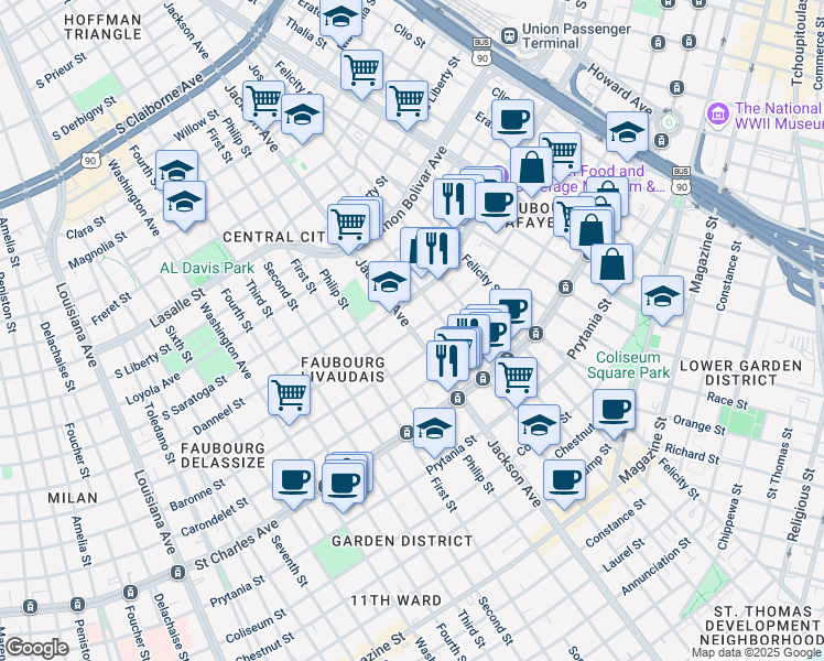 map of restaurants, bars, coffee shops, grocery stores, and more near Jackson Ave & Baronne St in New Orleans