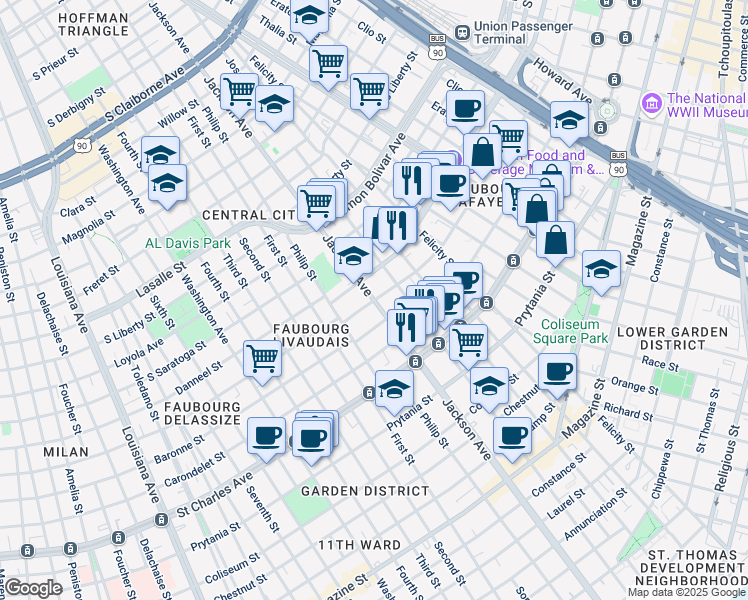 map of restaurants, bars, coffee shops, grocery stores, and more near Jackson Avenue in New Orleans