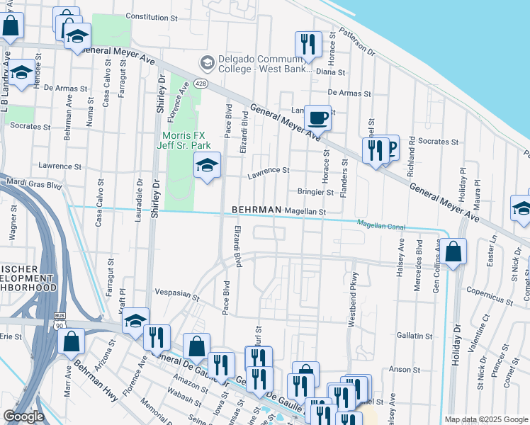 map of restaurants, bars, coffee shops, grocery stores, and more near 1669 Southlawn Boulevard in New Orleans