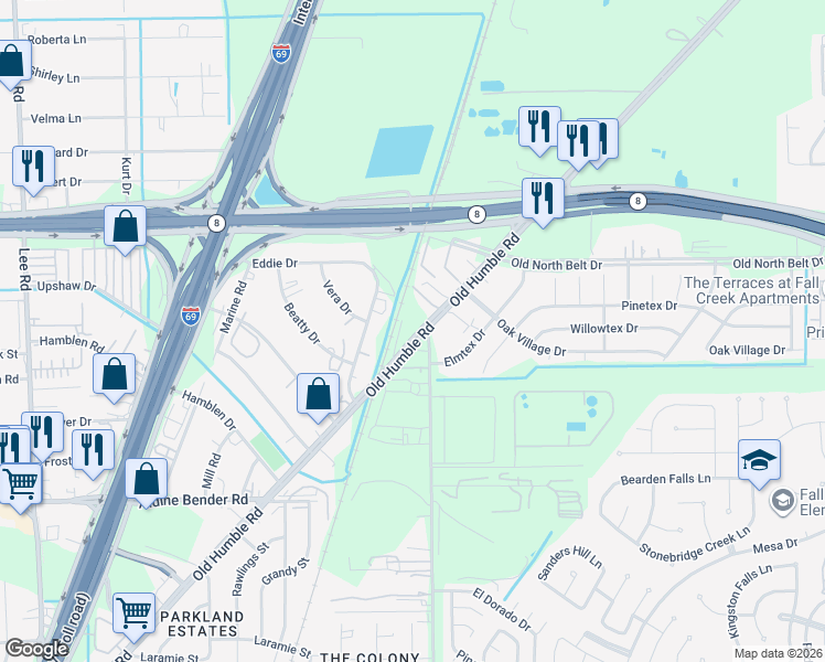 map of restaurants, bars, coffee shops, grocery stores, and more near 15012 Eddie Drive in Humble