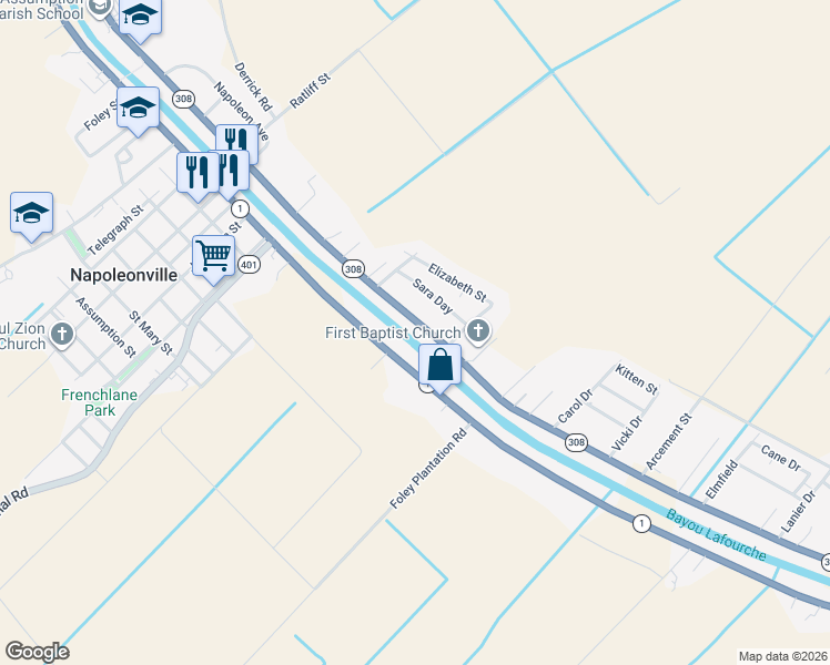 map of restaurants, bars, coffee shops, grocery stores, and more near 4641 Louisiana 308 in Napoleonville