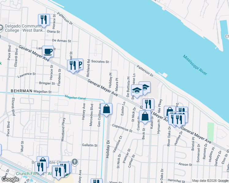 map of restaurants, bars, coffee shops, grocery stores, and more near 1590 Maura Place in New Orleans