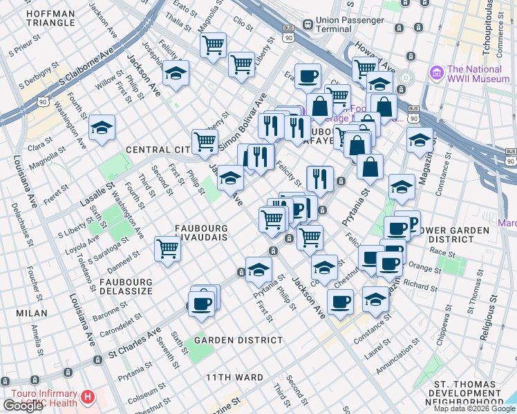 map of restaurants, bars, coffee shops, grocery stores, and more near 2020 Baronne Street in New Orleans