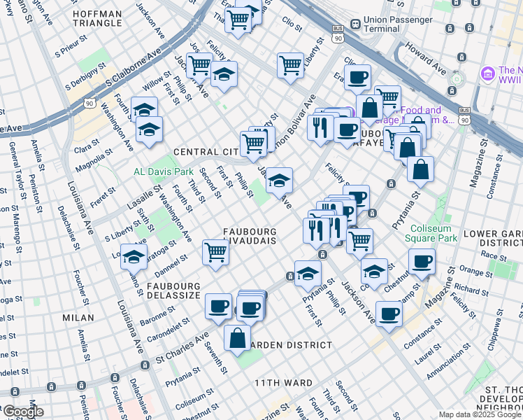 map of restaurants, bars, coffee shops, grocery stores, and more near 2220 Danneel Street in New Orleans