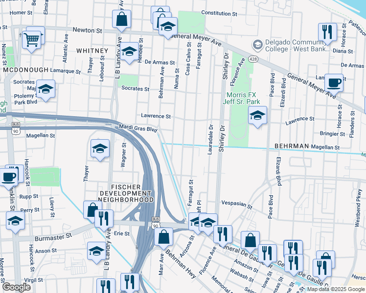 map of restaurants, bars, coffee shops, grocery stores, and more near 1647 Farragut Street in New Orleans