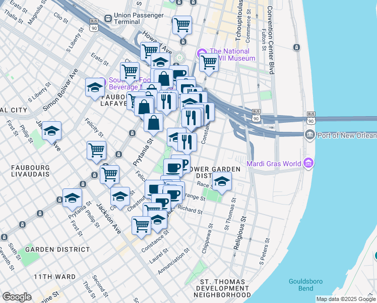 map of restaurants, bars, coffee shops, grocery stores, and more near in New Orleans