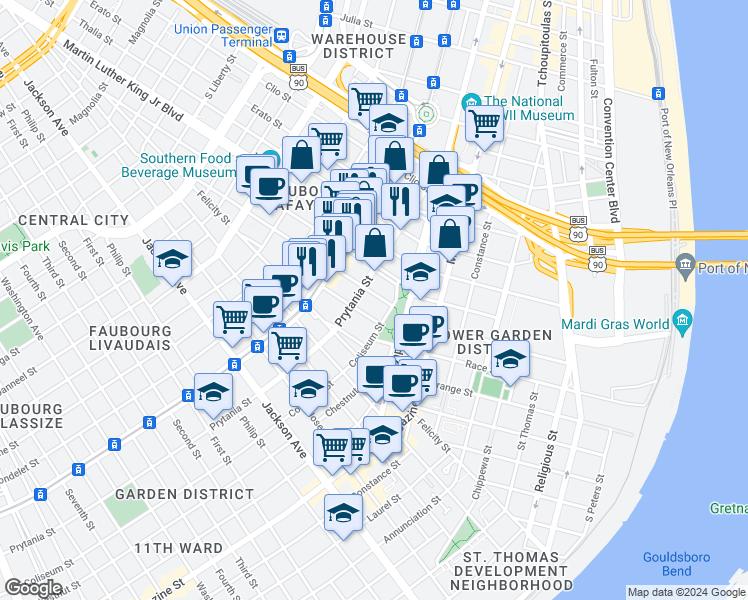 map of restaurants, bars, coffee shops, grocery stores, and more near in New Orleans