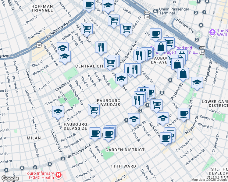 map of restaurants, bars, coffee shops, grocery stores, and more near 2220 Danneel Street in New Orleans