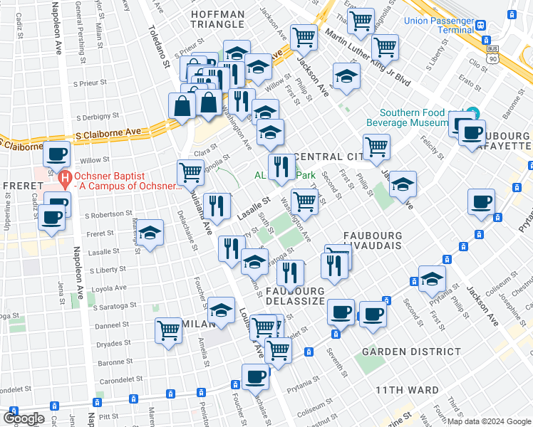 map of restaurants, bars, coffee shops, grocery stores, and more near 2832 Lasalle Street in New Orleans