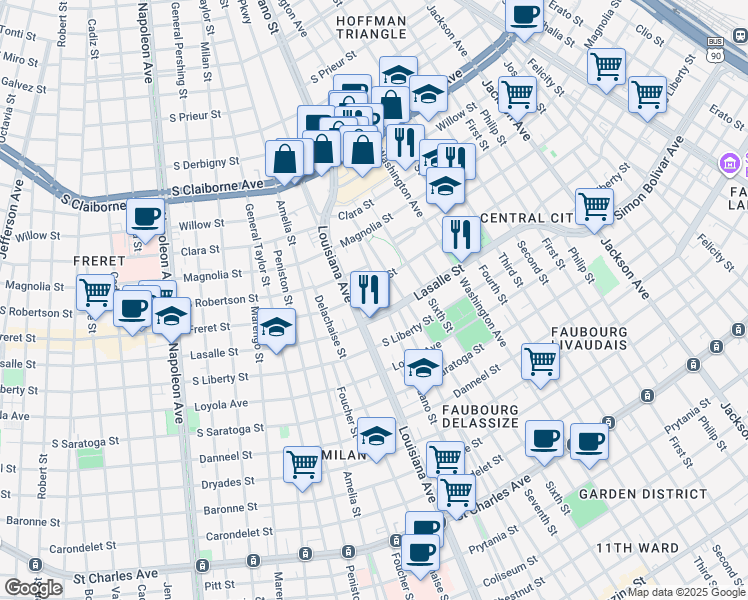 map of restaurants, bars, coffee shops, grocery stores, and more near 2425 Louisiana Avenue in New Orleans