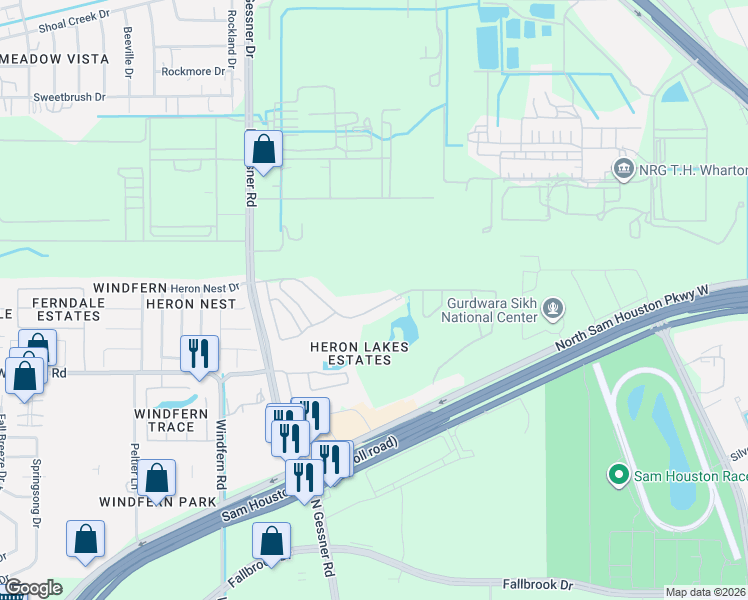 map of restaurants, bars, coffee shops, grocery stores, and more near 7702 Heron Lakes Drive in Houston