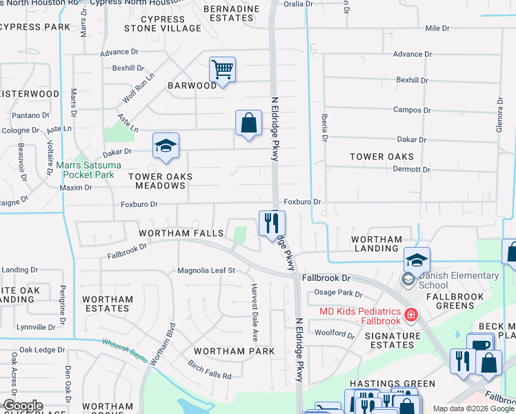 map of restaurants, bars, coffee shops, grocery stores, and more near 12410 Foxburo Drive in Houston
