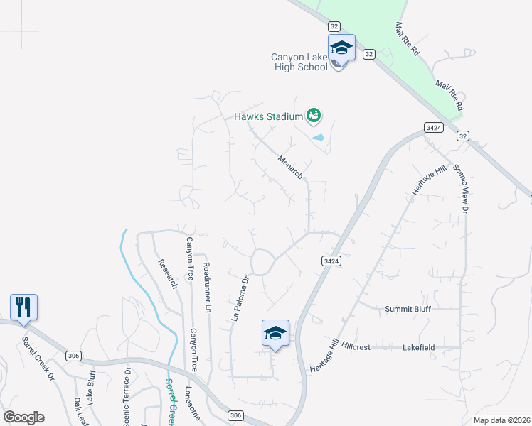 map of restaurants, bars, coffee shops, grocery stores, and more near 1061 4 Winds Drive in Canyon Lake