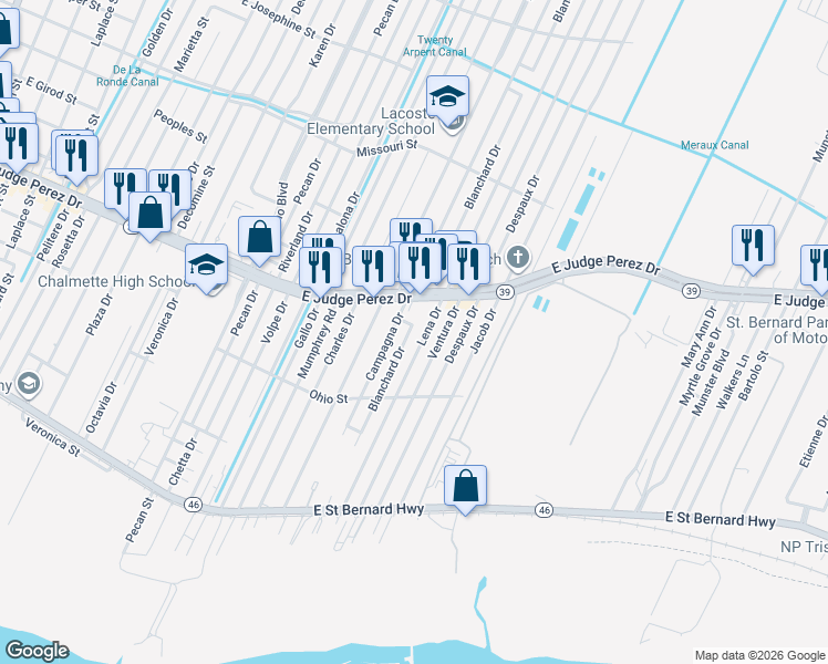 map of restaurants, bars, coffee shops, grocery stores, and more near 1912 East Judge Perez Drive in Chalmette