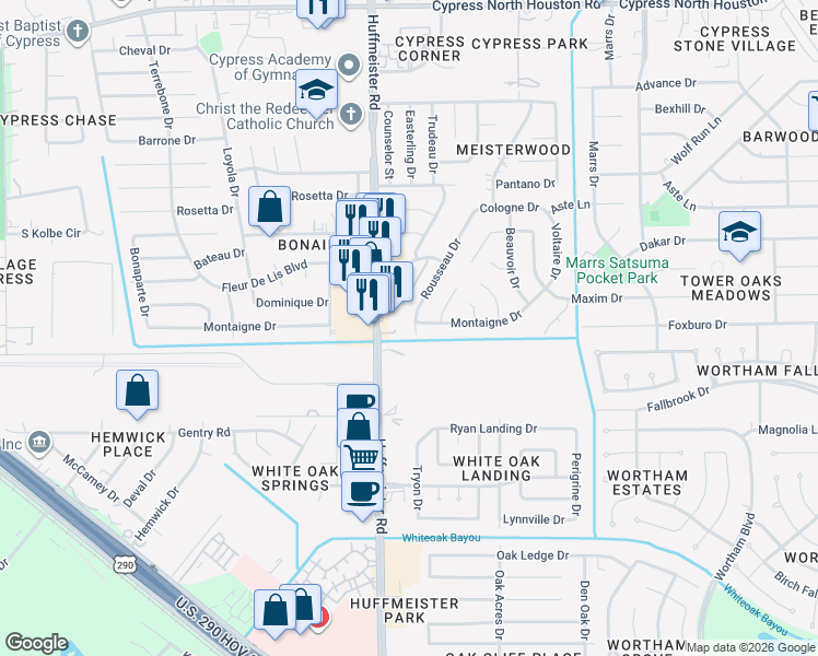 map of restaurants, bars, coffee shops, grocery stores, and more near 11200 Huffmeister Road in Houston