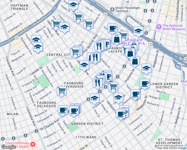 map of restaurants, bars, coffee shops, grocery stores, and more near 2118 Baronne Street in New Orleans