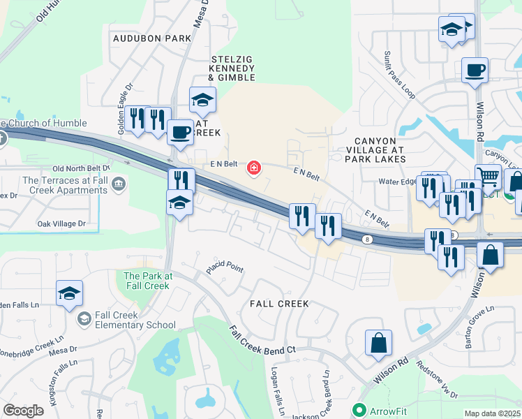 map of restaurants, bars, coffee shops, grocery stores, and more near 8430 North Sam Houston Parkway East in Humble