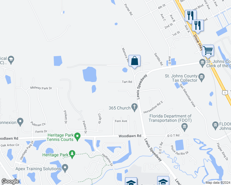 map of restaurants, bars, coffee shops, grocery stores, and more near 129 Plantation Point Drive in St. Augustine